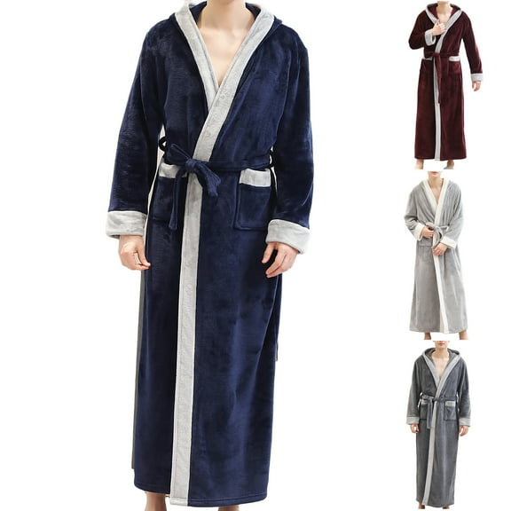 Lovskoo 2024 Flannel Bathrobe for Men Fall Winter Warm Thick Long Velvet Pajamas Loungewear with Belt Dark Gray