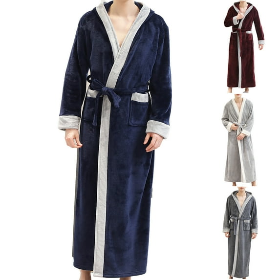 Lovskoo 2024 Flannel Bathrobe for Men Fall Winter Warm Thick Long Velvet Pajamas Loungewear with Belt Navy