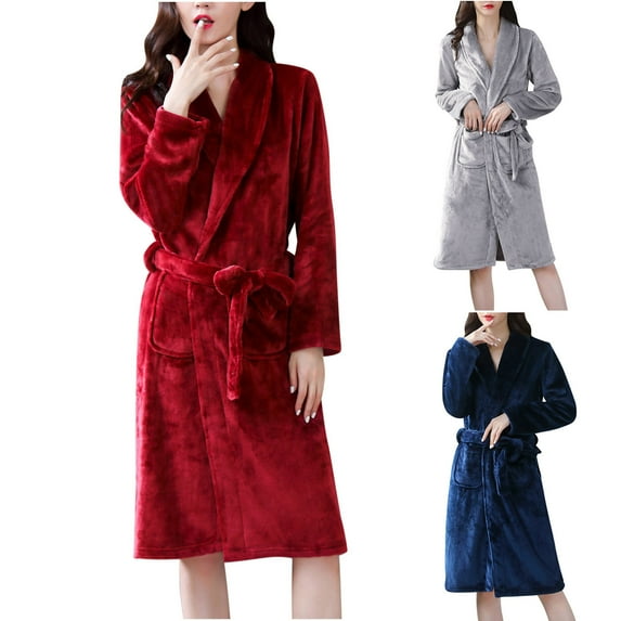 Lovskoo 2024 Flannel Bathrobe for Women Winter Warm Solid Color Strap Pocket Sleepwear Nightgown Loungewear Claret