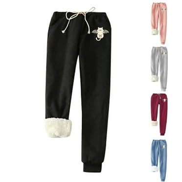 Lovskoo 2024 Fleece Lined Leggings Women Printed Bottom Pants with Pockets Elastic Tie Up Thickened Plush Warm Thermal Pants Claret