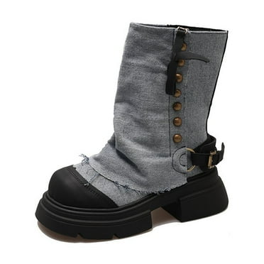 Lovskoo 2024 Fold Over Wedge Boots for Women Wedge Heel Mid Calf Booties Cowboy Fashion Comfortable Shoes Vintage Western Platform Mid Calf Boots Dark Blue