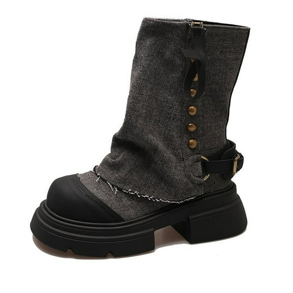 Lovskoo 2024 Fold Over Wedge Boots for Women Wedge Heel Mid Calf Booties Cowboy Fashion Comfortable Shoes Vintage Western Platform Mid Calf Boots Black