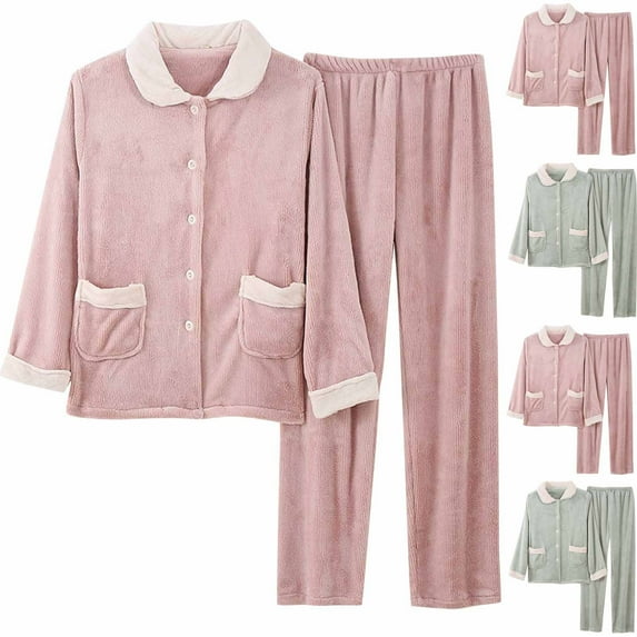 Lovskoo 2024 Fuzzy Fleece Lounge Sets for Women Fall Solid Color Casual Comfortable Button Long Sleeve Tops Pants Pajama Sets Green