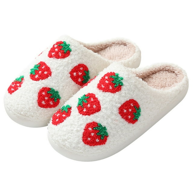 Lovskoo 2024 Fuzzy Slippers for Women Cozy Curly Flat Slide Strawberry ...