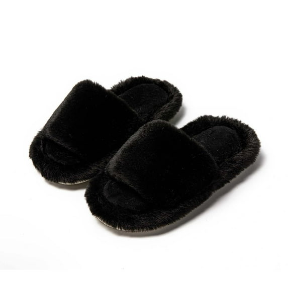 Lovskoo 2024 Fuzzy Slippers for Women Open Toe Solid Cute Winter Warm Shoes Soft Soled Cotton Shoes House Slippers for Women Indoor Black