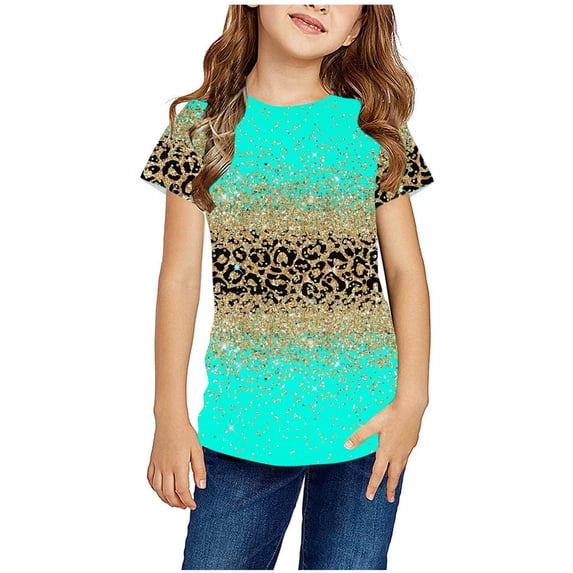 Zwiiyzr 2024 Girls And Boys Crewneck Leopard Print T-Shirt Summer Short Sleeve Casual Tops Trendy Color Block Blouses Pullover Shirts Green-9-10 Years