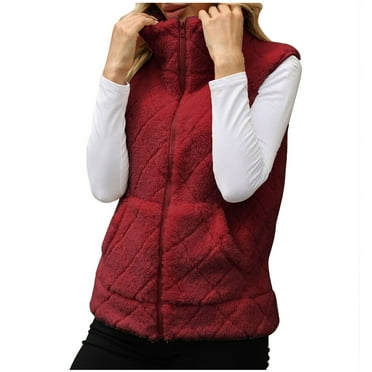 Lovskoo Womens Fuzzy Sherpa Fleece Jacket Vest Cozy Sleeveless Solid Cardigan Zipper Waistcoat Outerwear with Pocket Claret