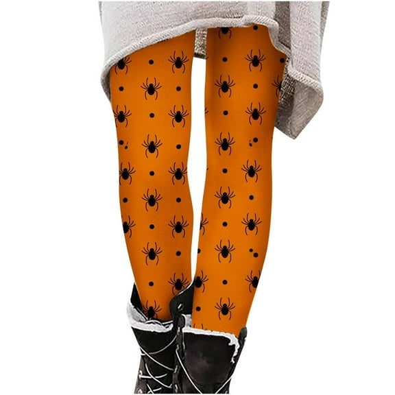 Lovskoo 2024 Halloween Leggings for Women High Waist Spider Web Graphic Print Stretchy Legging Slim Yoga Long Pants for Sportwear Fitness Running Warm Thermal Elastic Leggings Pants Yellow-A