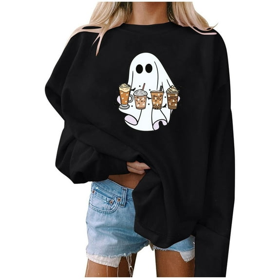 Lovskoo 2024 Halloween Round Neck Sweatshirts for Women Pumpkin Coffee Graphic Cute Shirts Fall Crewneck Sweatshirt Basic Tops Black-A