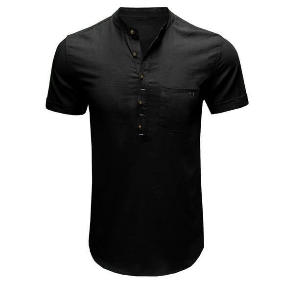 Lovskoo 2024 Henley Shirts for Men Short Sleeve Cotton Linen Button Front Casual Solid Color Trendy Pullover Blouse V Neck Summer Beach T Shirts Black S