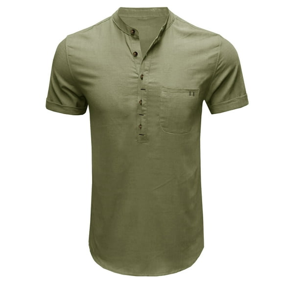 Lovskoo 2024 Henley Shirts for Men Short Sleeve Cotton Linen Button Front Casual Solid Color Trendy Pullover Blouse V Neck Summer Beach T Shirts Olive Green XL