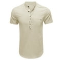 thumbnail image 1 of Lovskoo 2024 Henley Shirts for Men Short Sleeve Cotton Linen Button Front Casual Solid Color Trendy Pullover Blouse V Neck Summer Beach T Shirts Beige M, 1 of 5