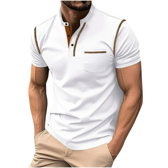 Lovskoo 2024 Henley Shirts for Men Short Sleeve Summer Button Front Pullover Stand Collar Pocket Sports Top Shirt White 3XL