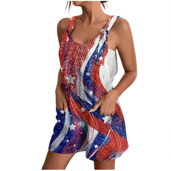 Lovskoo 2024 Independence Day Romper Women's American Flag Print Shorts Jumpsuit 4th Of July Outfits Sleeveless Tank Romper Multicolor S
