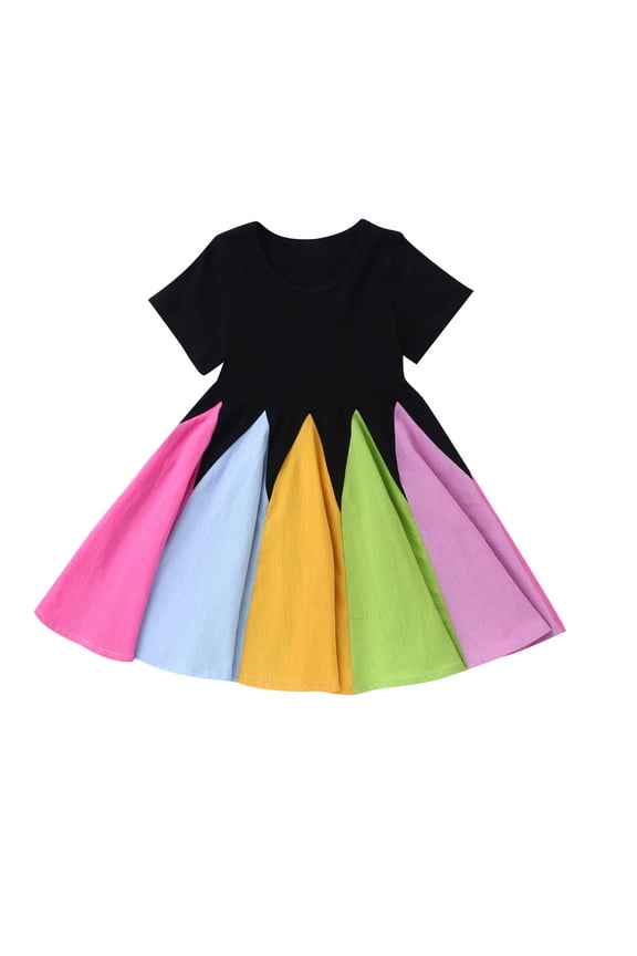 Kids Toddler Baby Girls Twirl Dress Trendy Cute Short Sleeve Sweet Rainbow changing Ruffle Dress for 18 Months-6 Years Baby Clothes Black