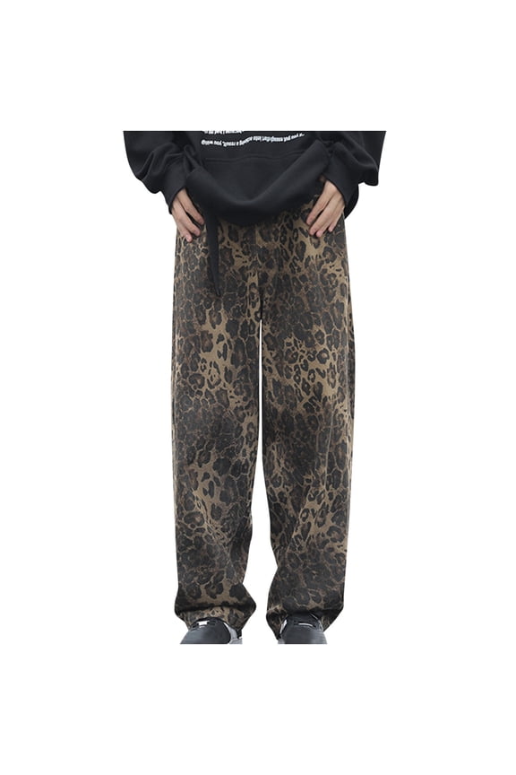 Leopard Print Jeans for Women Y2K Denim Pants Vintage Streetwear Jeans Straight Leg Denim Loose Wide Leg Trouser Brown L
