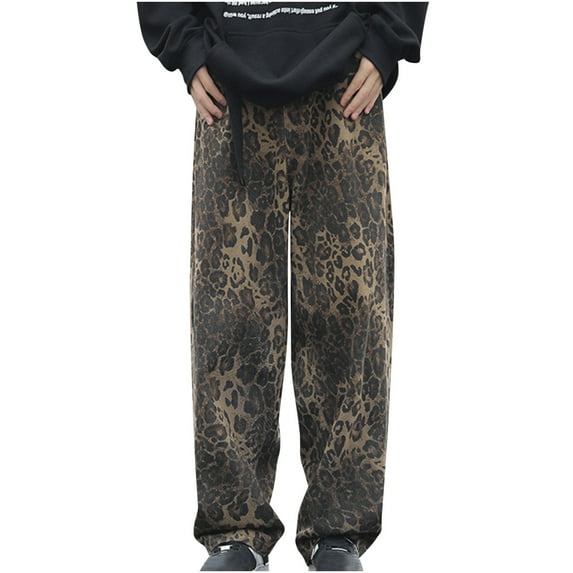 Lovskoo 2024 Leopard Print Jeans for Women Y2K Denim Pants Vintage Streetwear Jeans Straight Leg Denim Loose Wide Leg Trouser Brown S