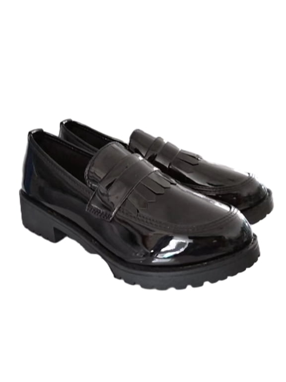 Loafers for Women Leather Round Toe Slip-On Tassel Leather Top Platform Loafers Casual Comfortable Loafer Indoor Outdoor Black