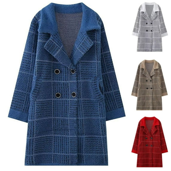 Lovskoo 2024 Long Cardigans for Women Trendy Long Sleeve Plaid Knit Coat Cardigan with Pockets Versatile Sweater Warm Jacket Blue