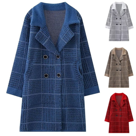 Lovskoo 2024 Long Cardigans for Women Trendy Long Sleeve Plaid Knit Coat Cardigan with Pockets Versatile Sweater Warm Jacket Brown