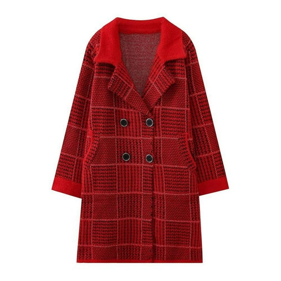 Lovskoo 2024 Long Cardigans for Women Trendy Long Sleeve Plaid Knit Coat Cardigan with Pockets Versatile Sweater Warm Jacket Red