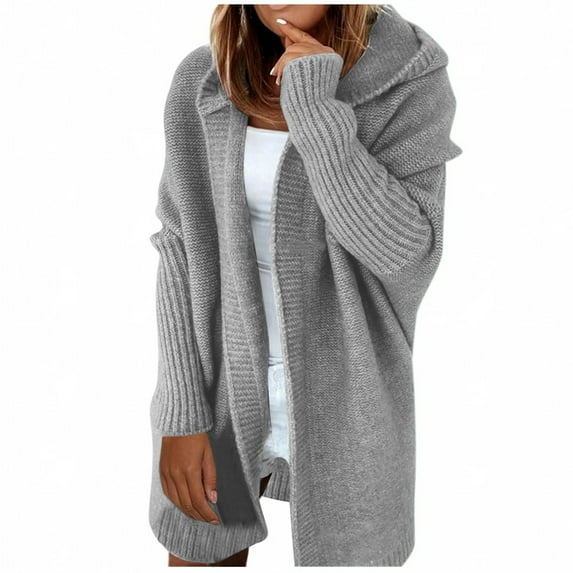 Lovskoo 2024 Long Cardigans for Women Trendy Long Sleeve Solid Color Medium Long Large Sweater Knitted Hooded Cardigan Coat Gray