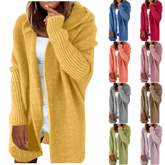 Lovskoo 2024 Long Cardigans for Women Trendy Long Sleeve Solid Color Medium Long Large Sweater Knitted Hooded Cardigan Coat Gray