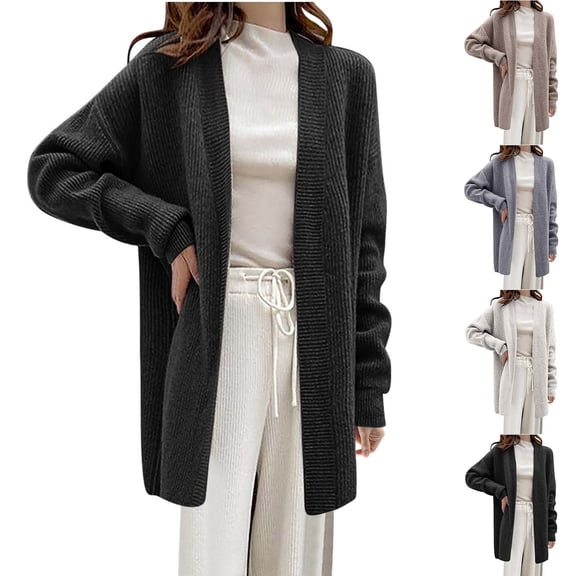Lovskoo 2024 Long Cardigans for Women Trendy Loose and Cozy Solid Color Versatile Knitted Cardigan Long Sleeve Sweater Jacket Black