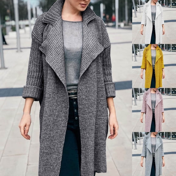 Lovskoo 2024 Long Cardigans for Women Trendy Solid Color Long Sleeve Lapel Knit Sweater Cardigan Coat Dark Gray