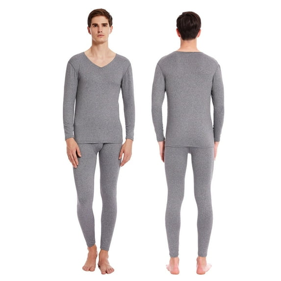 Lovskoo 2024 Long Johns Thermal Underwear for Men Fleece Lined Round Neck Solid Color Winter Warm Tops and Bottom Set Base Layer for Cold Weather Gray