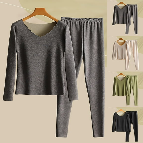 Lovskoo 2024 Long Johns Thermal Underwear for Women Plush and Thickened Winter Round Neck Top Pants Warm Base Layer Pajama Set Cold Weather Beige
