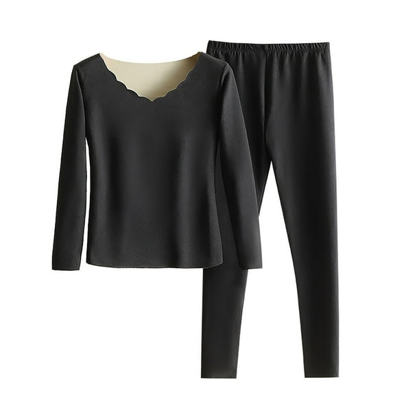 Lovskoo 2024 Long Johns Thermal Underwear for Women Plush and Thickened Winter Round Neck Top Pants Warm Base Layer Pajama Set Cold Weather Black