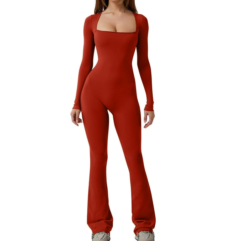 Lovskoo 2024 Long Sleeve Jumpsuit for Women Seamless Spring and Fall Tight Square Neck Full Length Bodycon Romper Jumpsuits Red