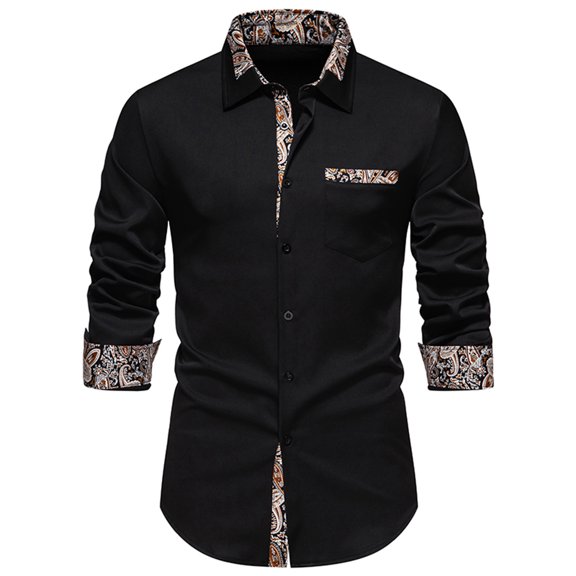 Lovskoo 2024 Long Sleeve Shirts for Men Casual Patchwork Button Turn-Down Collar Tops Blouse Shirt Black-S