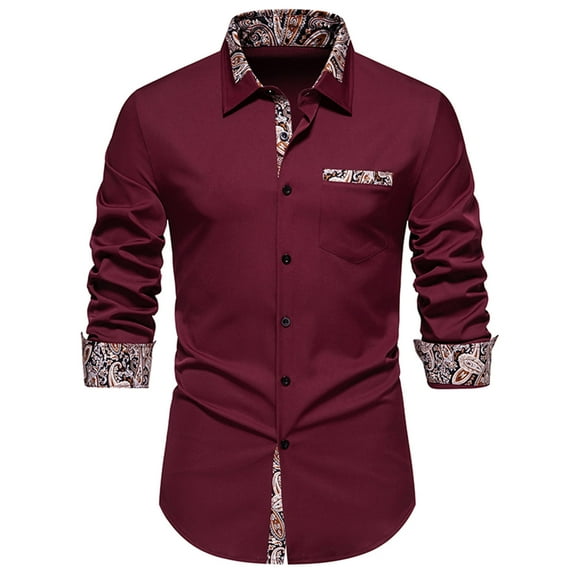 Lovskoo 2024 Long Sleeve Shirts for Men Casual Patchwork Button Turn-Down Collar Tops Blouse Shirt Claret-S