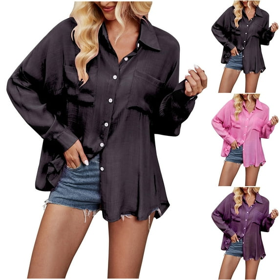 Lovskoo 2024 Long Sleeve Shirts for Women Button Down Shirt Casual Solid Color Single Breasted Fall Spring Loose Shirt Tops Pink