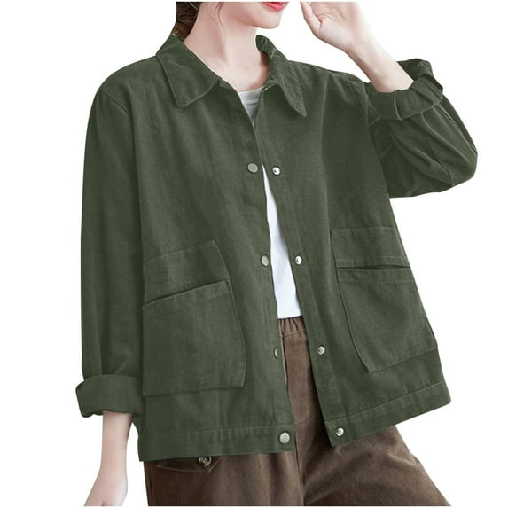Lovskoo 2024 Long Sleeve Shirts for Women Button Down Trendy Casual Cotton Linen T-Shirt V-Neck Sweatshirt Tops Blouse Olive Green L