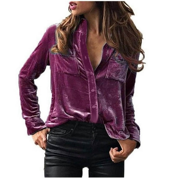 Lovskoo 2024 Long Sleeve Shirts for Women Button Down Trendy Winter Velvet Button Pocket Casual Shirt Top Purple S