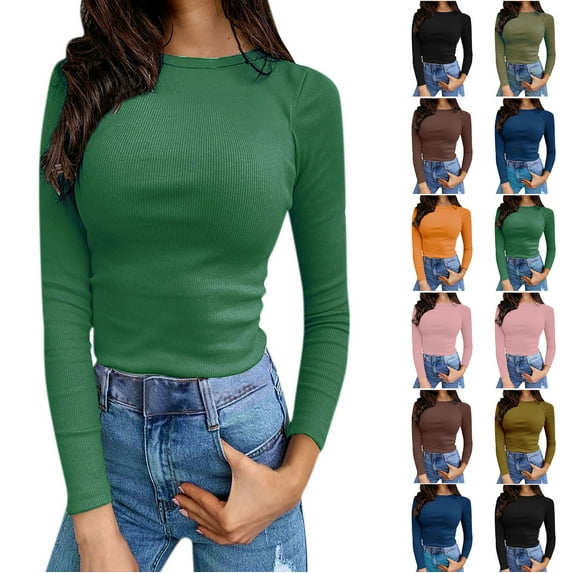 Lovskoo 2024 Long Sleeve Shirts for Women Fall Trendy Stretch Slim Fitted Ribbed T-Shirt Blouse Solid Color Basic Tops Black