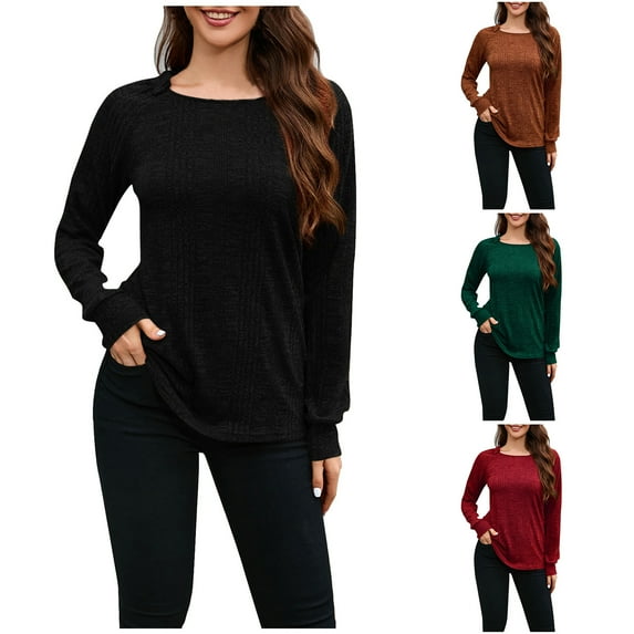 Lovskoo 2024 Long Sleeve Shirts for Women Sweater Fall and Winter Solid Color Lightweight Casual Blouse Round Neck Pullover Tops Black