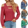 thumbnail image 1 of Lovskoo 2024 Long Sleeve Shirts for Women Trendy Casual Solid Color Off-Shoulder Patchwork Loose T-Shirt Top Dark Gray, 1 of 8