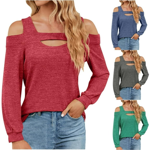 Lovskoo 2024 Long Sleeve Shirts for Women Trendy Casual Solid Color Off-Shoulder Patchwork Loose T-Shirt Top Green