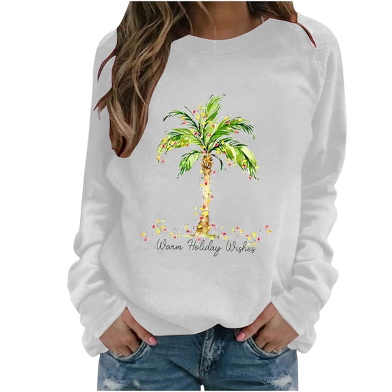 Lovskoo 2024 Long Sleeve Sweatshirt for Women Trendy Pullover Round-Neck Color Blouses Sweater Tops White L