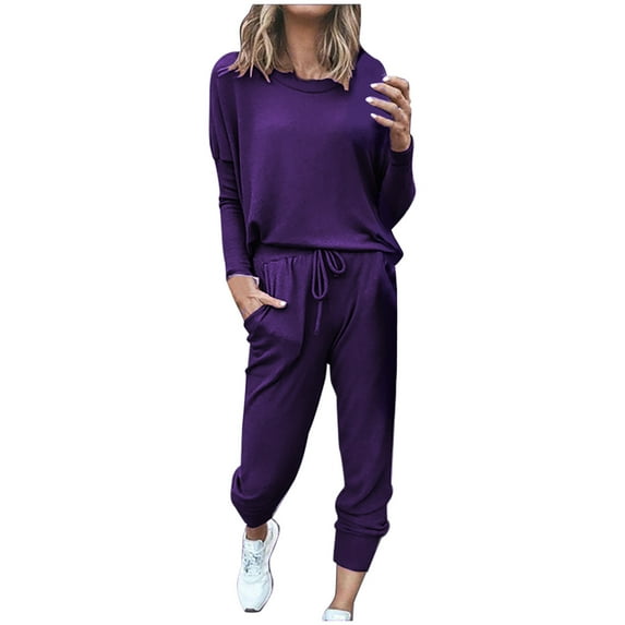 Lovskoo 2024 Long Sleeve Track Suits for Women Set Spring Fall Two-Piece Sets Solid Tops Casual Pants Sweatsuit Jogger Lounge Sets Purple 5XL