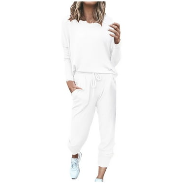 Lovskoo 2024 Long Sleeve Track Suits for Women Set Spring Fall Two-Piece Sets Solid Tops Casual Pants Sweatsuit Jogger Lounge Sets White 5XL