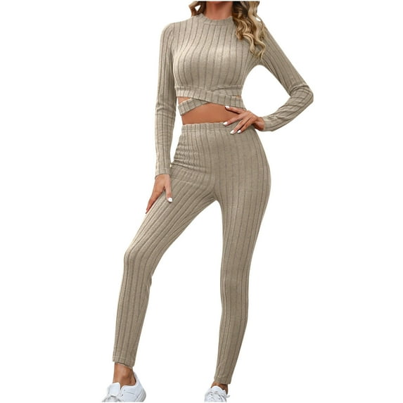 Lovskoo 2024 Long Sleeve Track Suits for Women Set Trendy High Elastic Solid Color Pants Two Piece Set Jogger Lounge Sets Khaki XL