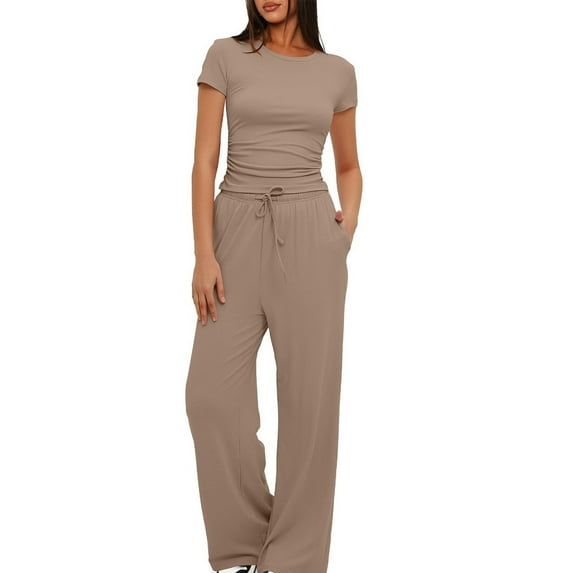 Lovskoo 2024 Lounge Sets for Women 2 Piece Casual Y2K Outfits Solid Color Short Sleeve Round Neck Cropped Tops Wide Leg Pants Comfy Loungewear Khaki 2XL