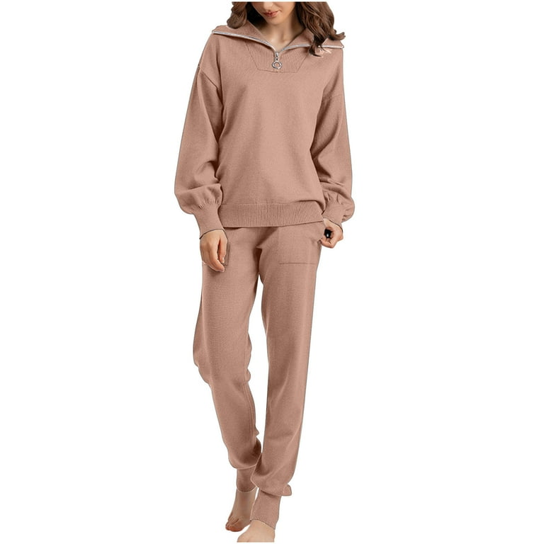 Lovskoo 2024 Lounge Sets for Women Loungewear Sweater Sets 2 Piece Outfits Cozy Oversized Slouchy Matching Set Casual Solid Color Long Sleeve Half Zip Tops and Pants Sweatsuit Pink Walmart