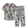 thumbnail image 1 of Lovskoo 2024 Lounge Sets for Women Plus Size Casual Summer Floral Short Sleeved V Neck Button Front Top Shirt Capri Pajama Pants Set Comfortable Breathable 2 Piece Sets Green 3XL, 1 of 3