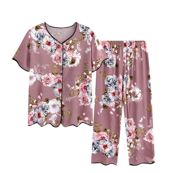 Lovskoo 2024 Lounge Sets for Women Plus Size Casual Summer Floral Short Sleeved V Neck Button Front Top Shirt Capri Pajama Pants Set Comfortable Breathable 2 Piece Sets Pink 2XL